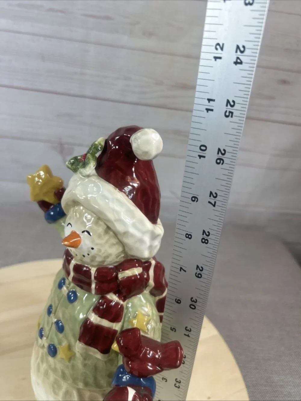 Vintage Painted Folk Art Farmhouse Pottery Snowman With cardinal & Star Decor